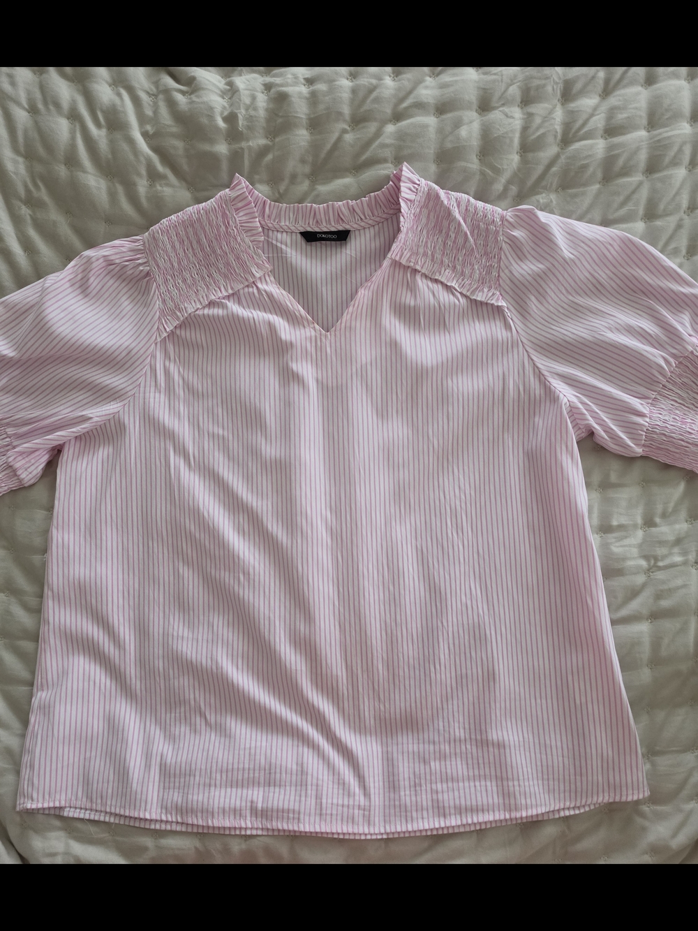 Light Pink Striped Smocked Shoulder Blouse